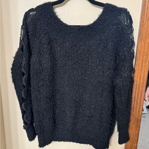 Willow & Root Black Fuzzy Sweater with Lace Detail